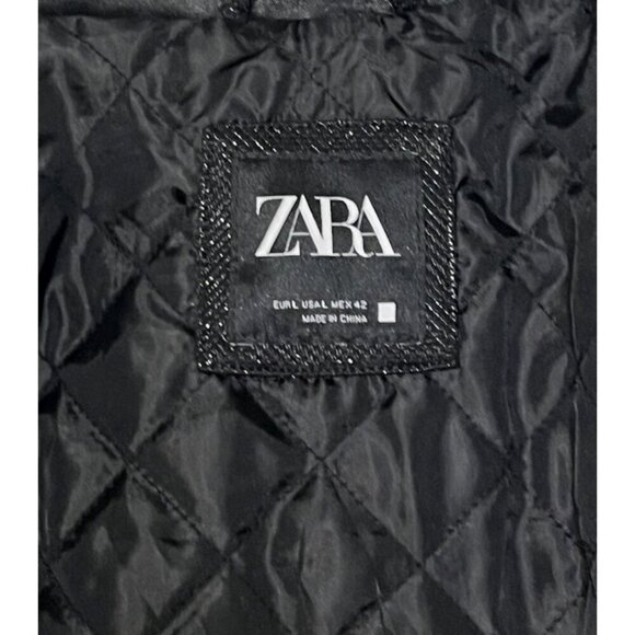 New Zara Black Metallic Pockets Snap Front Insulated Moto Bomber Jacket - Picture 7 of 10